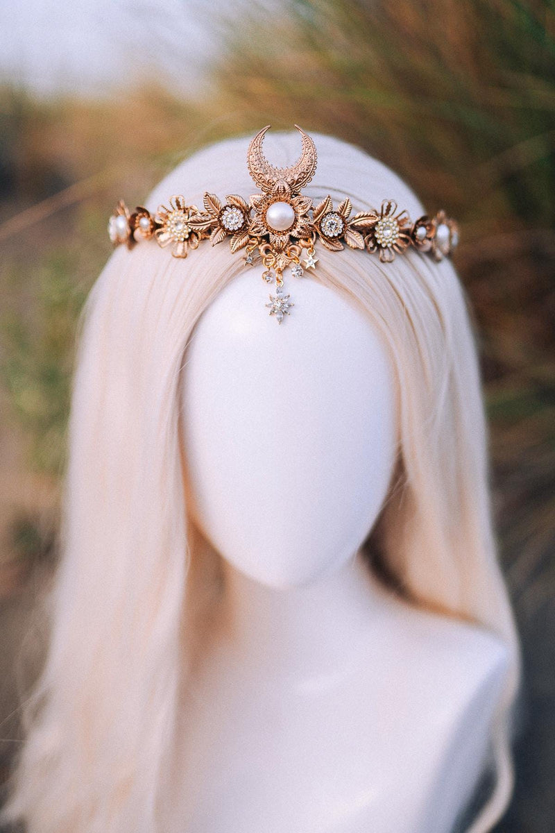 Natural Crystal Tiara Gold and Dark Iridescent Crescent Moon Crown Fantasy Tiara MONA Customizable - Gold Moons & Stars, Teal  main image 3