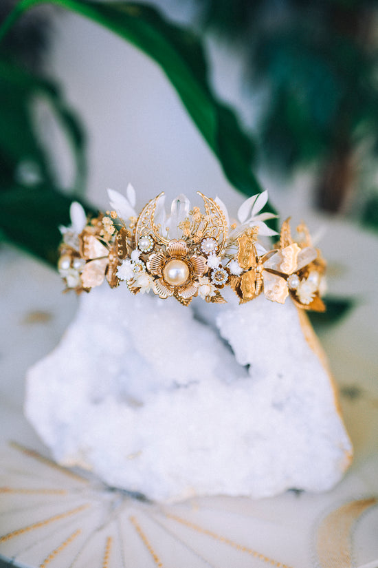Beige Flower Crown Celestial Gold Wedding Tiara