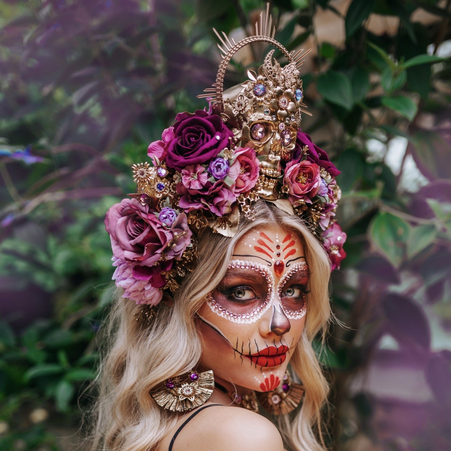 Handmade La Catrina floral crown with golden skull inspired by Día de los Muertos by Carbickova Crowns