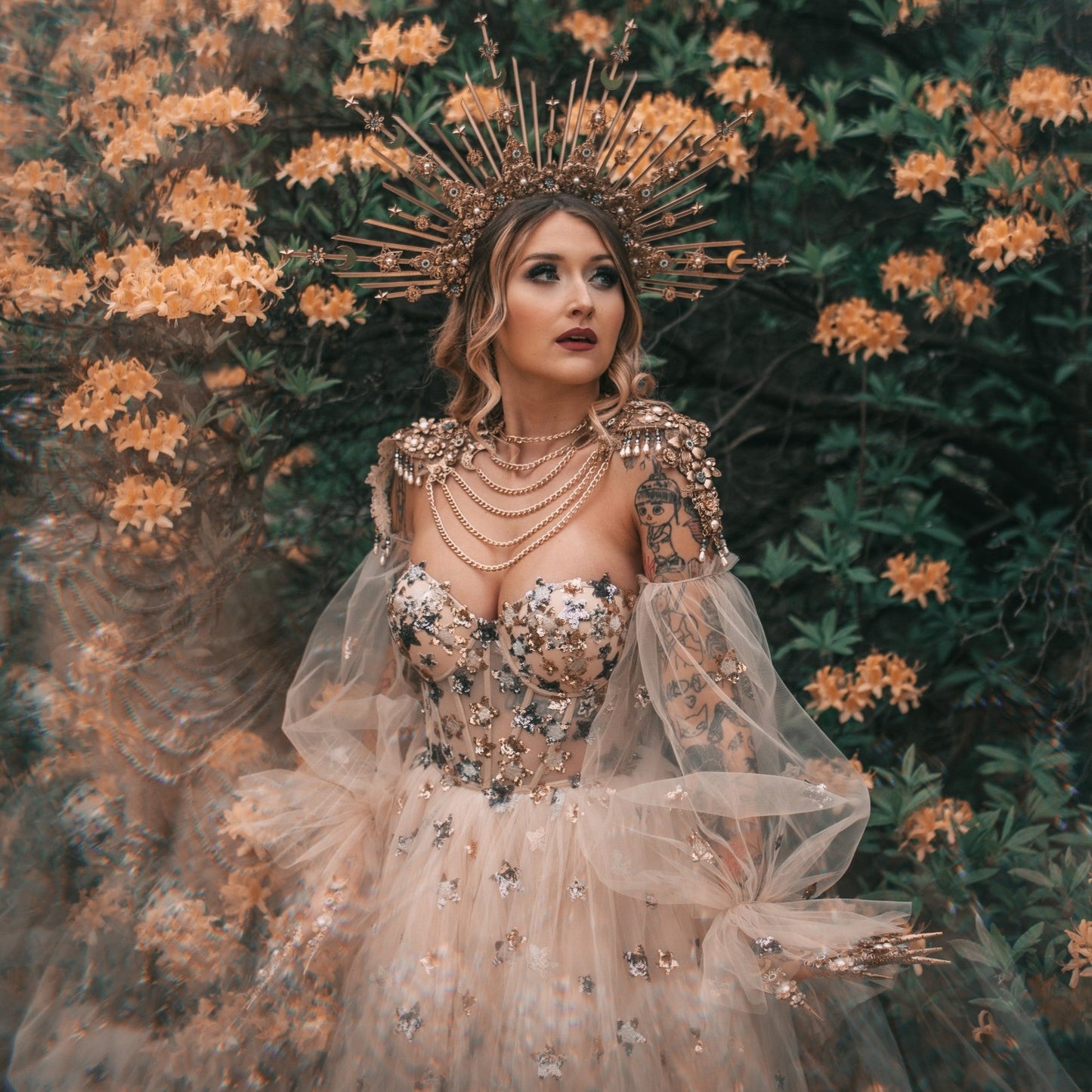Moonchild celestial bridal crown by Carbickova Crowns with luxury gold halo headpiece and elegant couture bridal styling.
