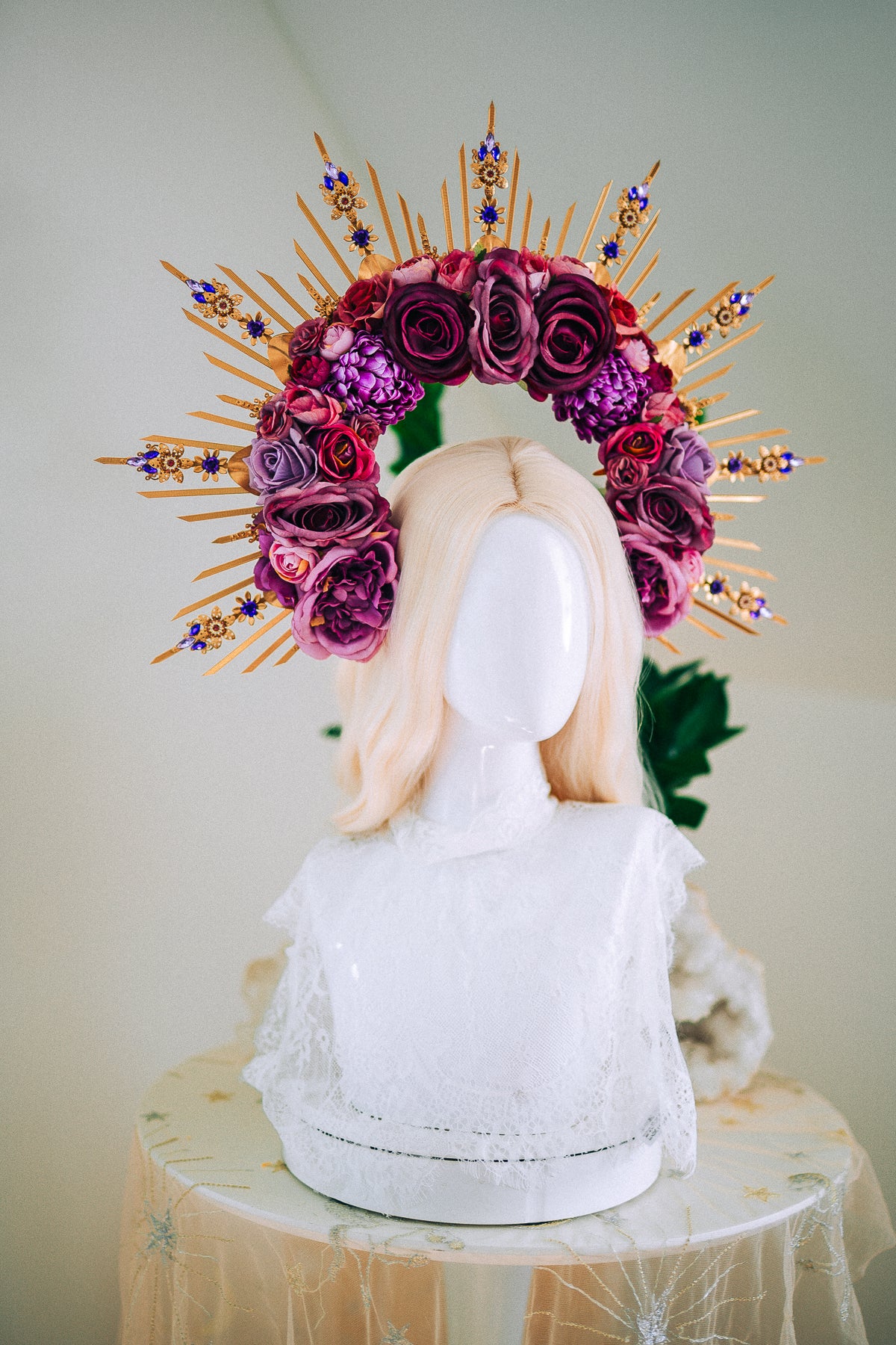 Floral Goddess Halo Crown With Pink Roses Gold Spikes