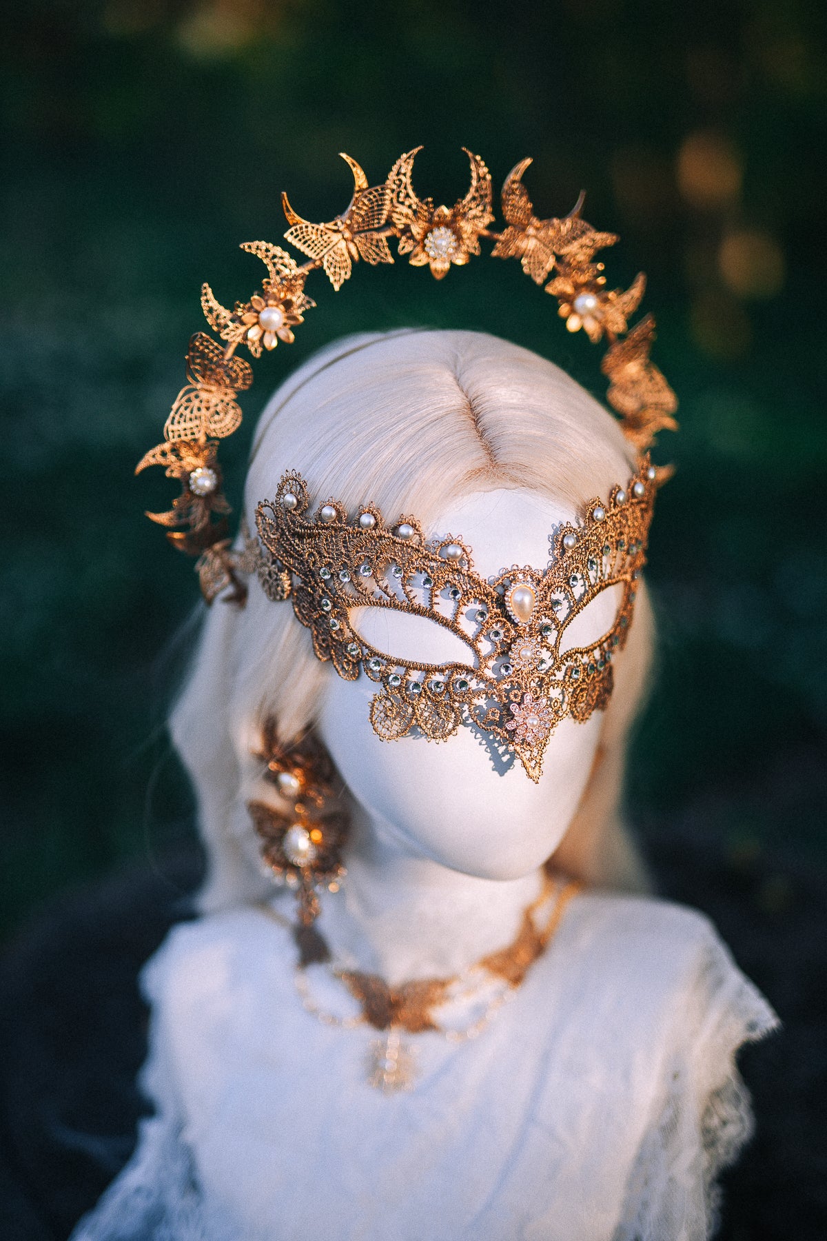 Bridal Halo Crown Gold Pearl Wedding Headpiece