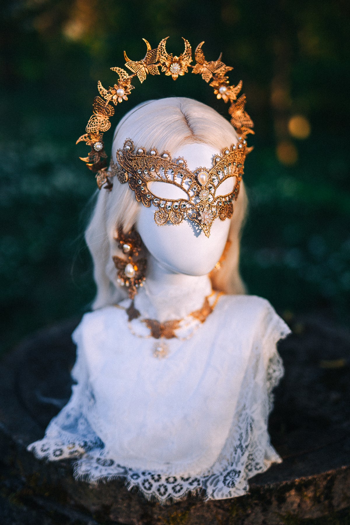 Bridal Halo Crown Gold Pearl Wedding Headpiece