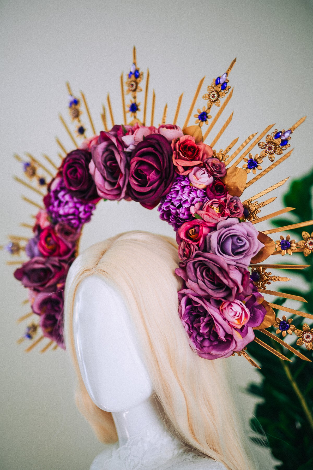 Floral Goddess Halo Crown With Pink Roses Gold Spikes