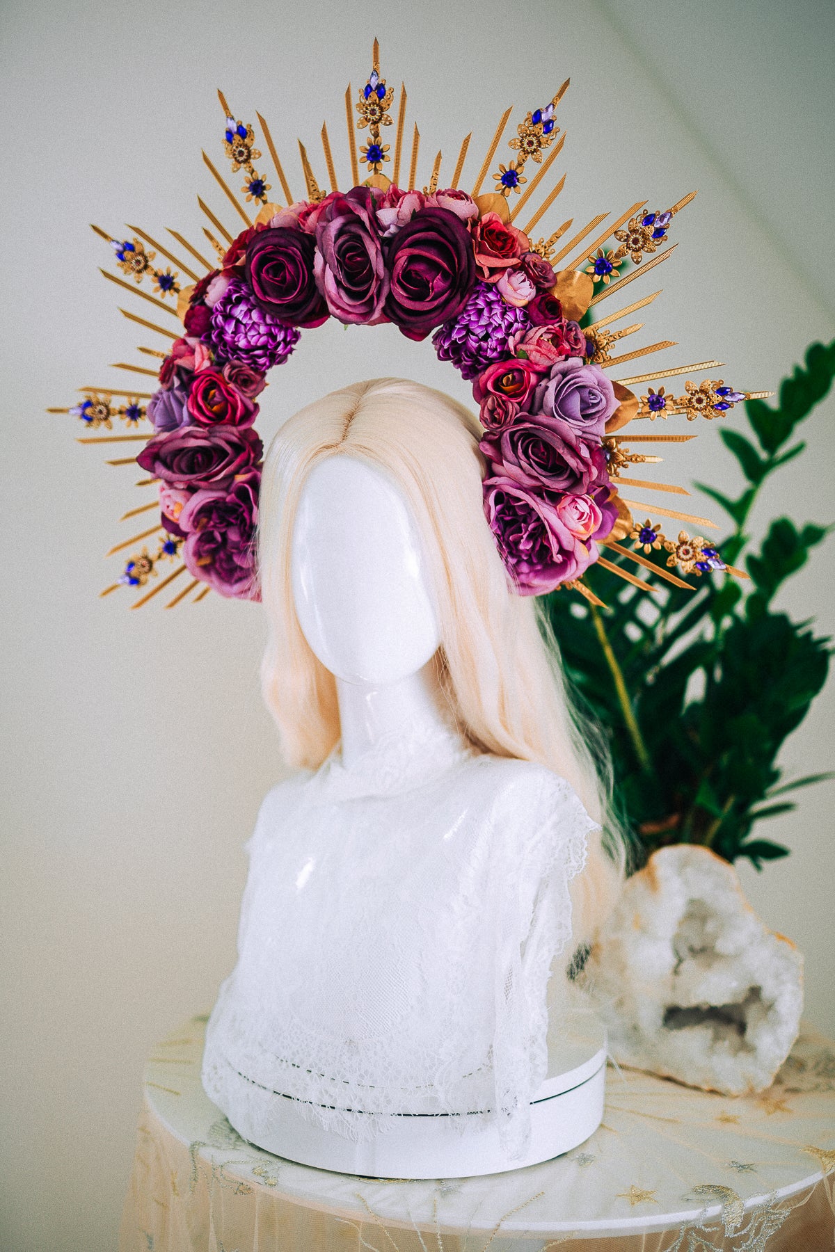Floral Goddess Halo Crown With Pink Roses Gold Spikes