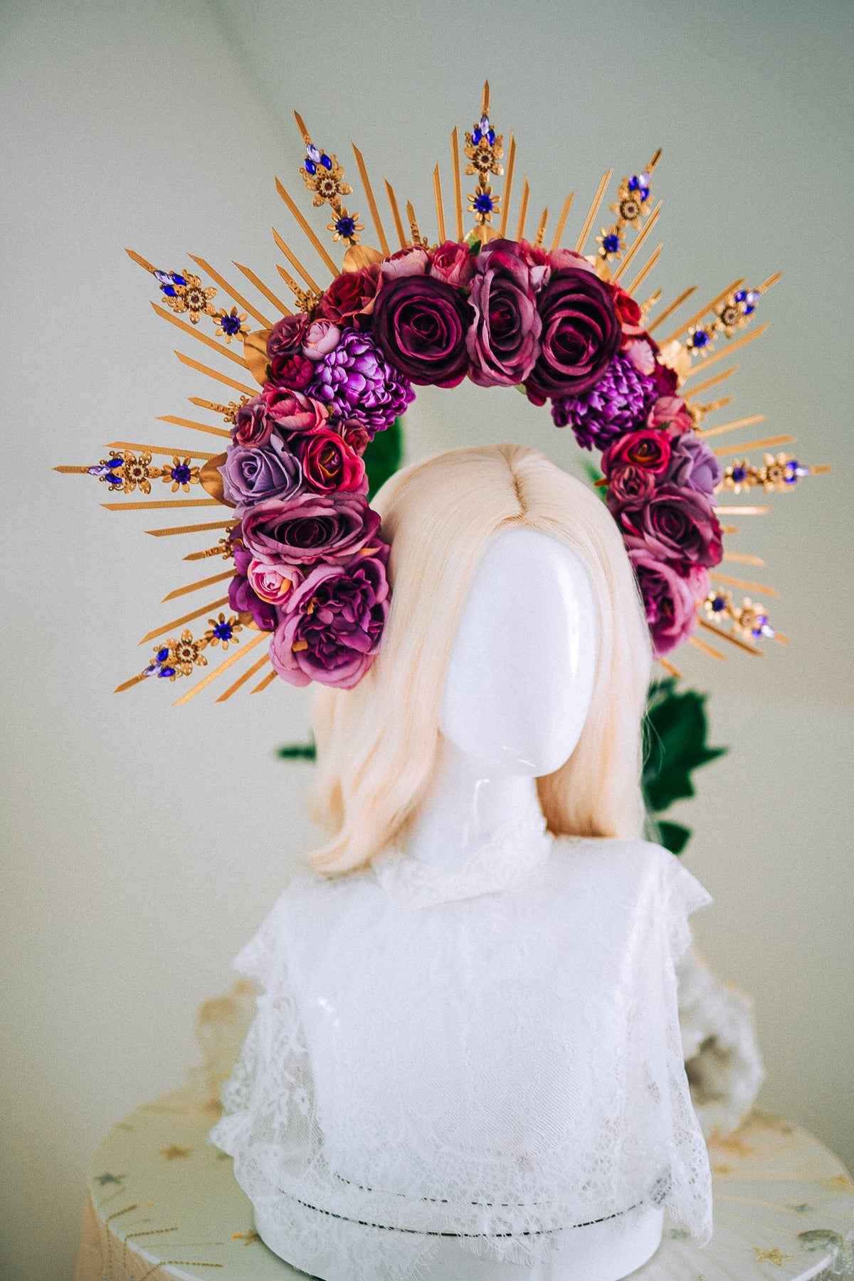 Floral Goddess Halo Crown With Pink Roses Gold Spikes