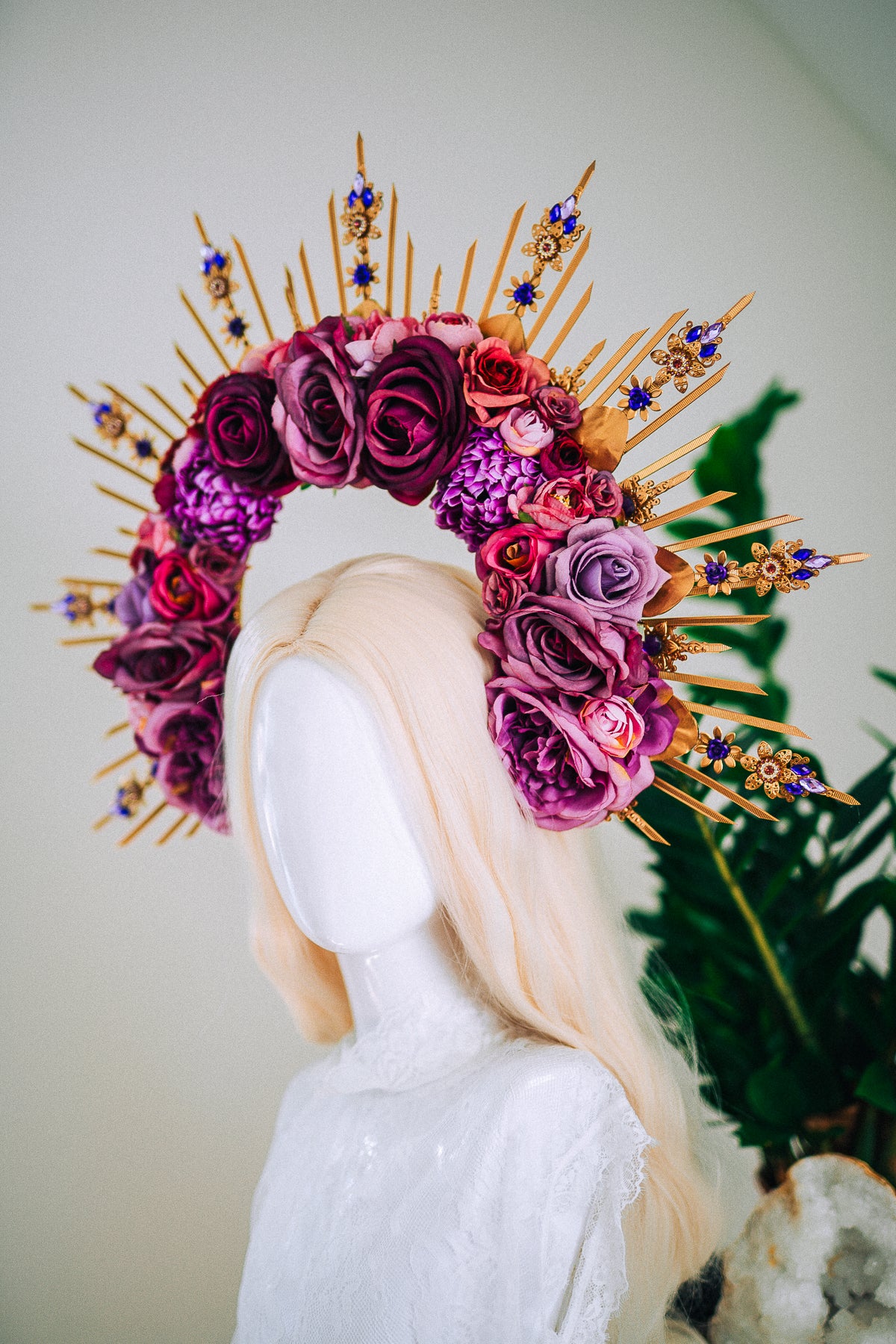 Floral Goddess Halo Crown With Pink Roses Gold Spikes