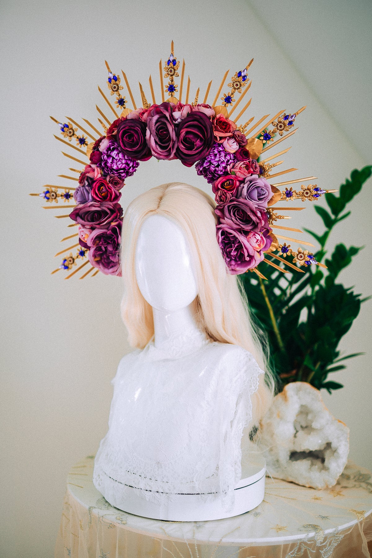 Floral Goddess Halo Crown With Pink Roses Gold Spikes