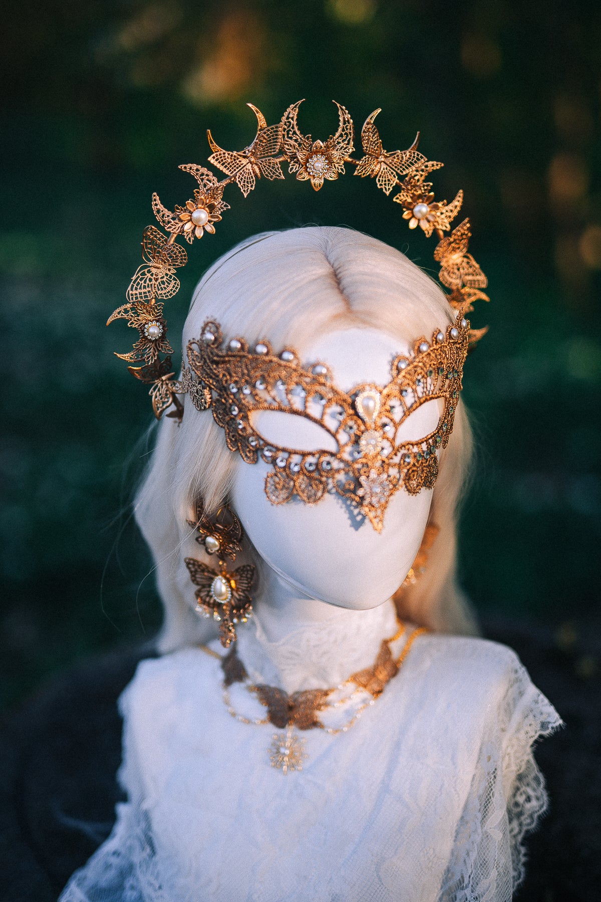 Bridal Halo Crown Gold Pearl Wedding Headpiece