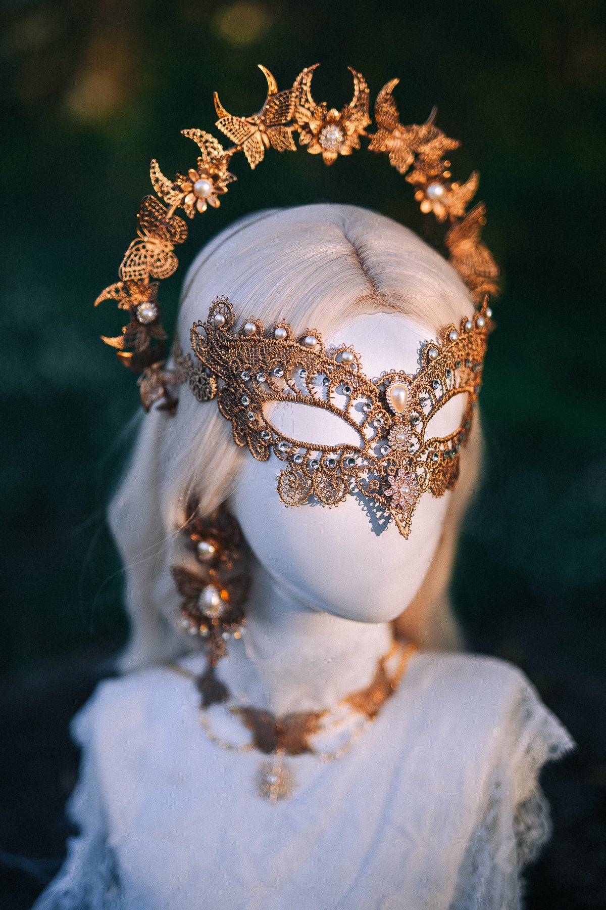 Bridal Halo Crown Gold Pearl Wedding Headpiece