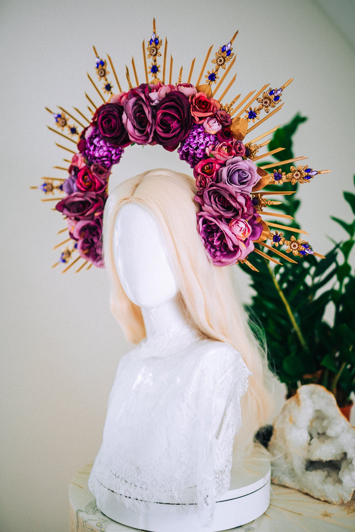 Floral Goddess Halo Crown With Pink Roses Gold Spikes