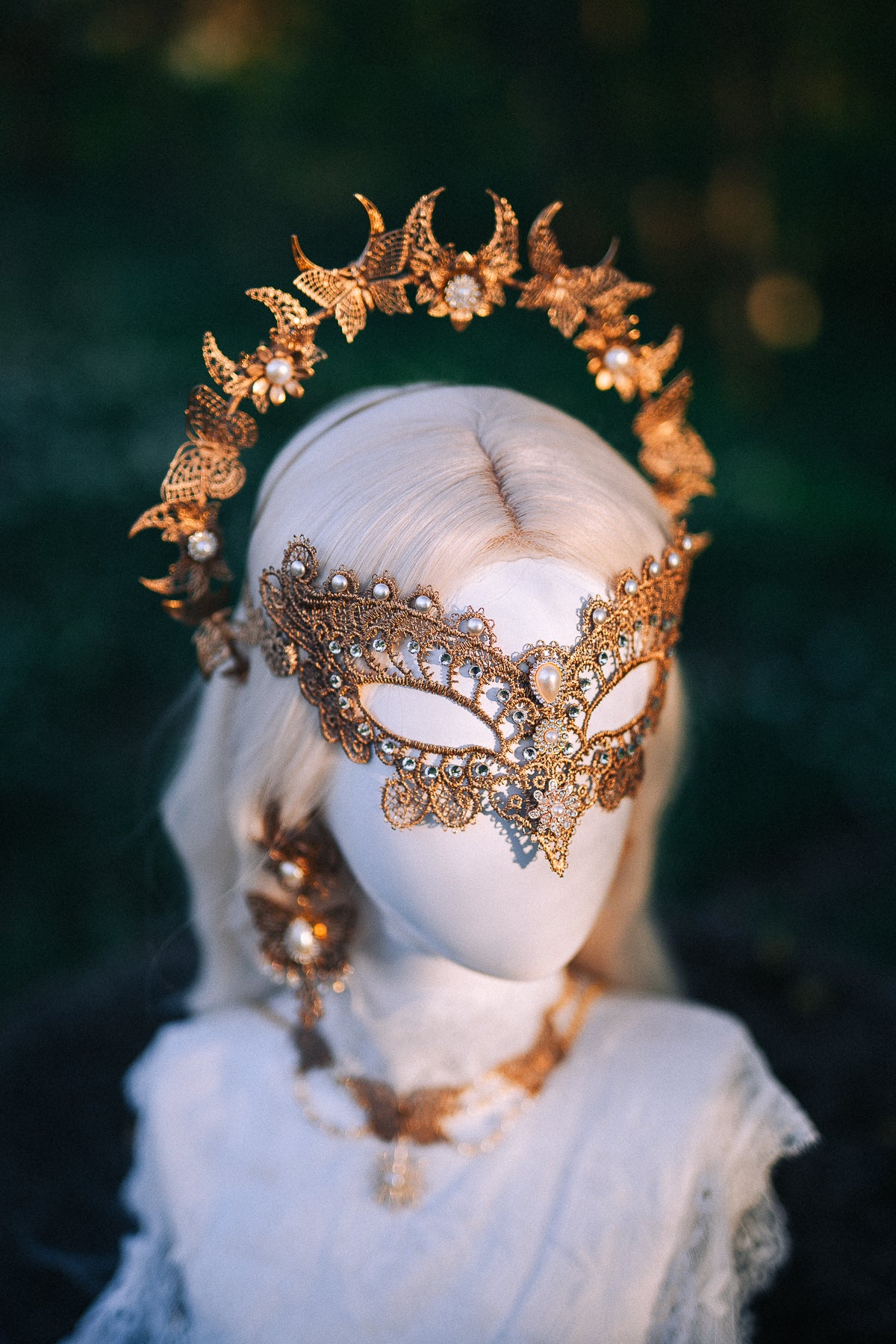 Bridal Halo Crown Gold Pearl Wedding Headpiece