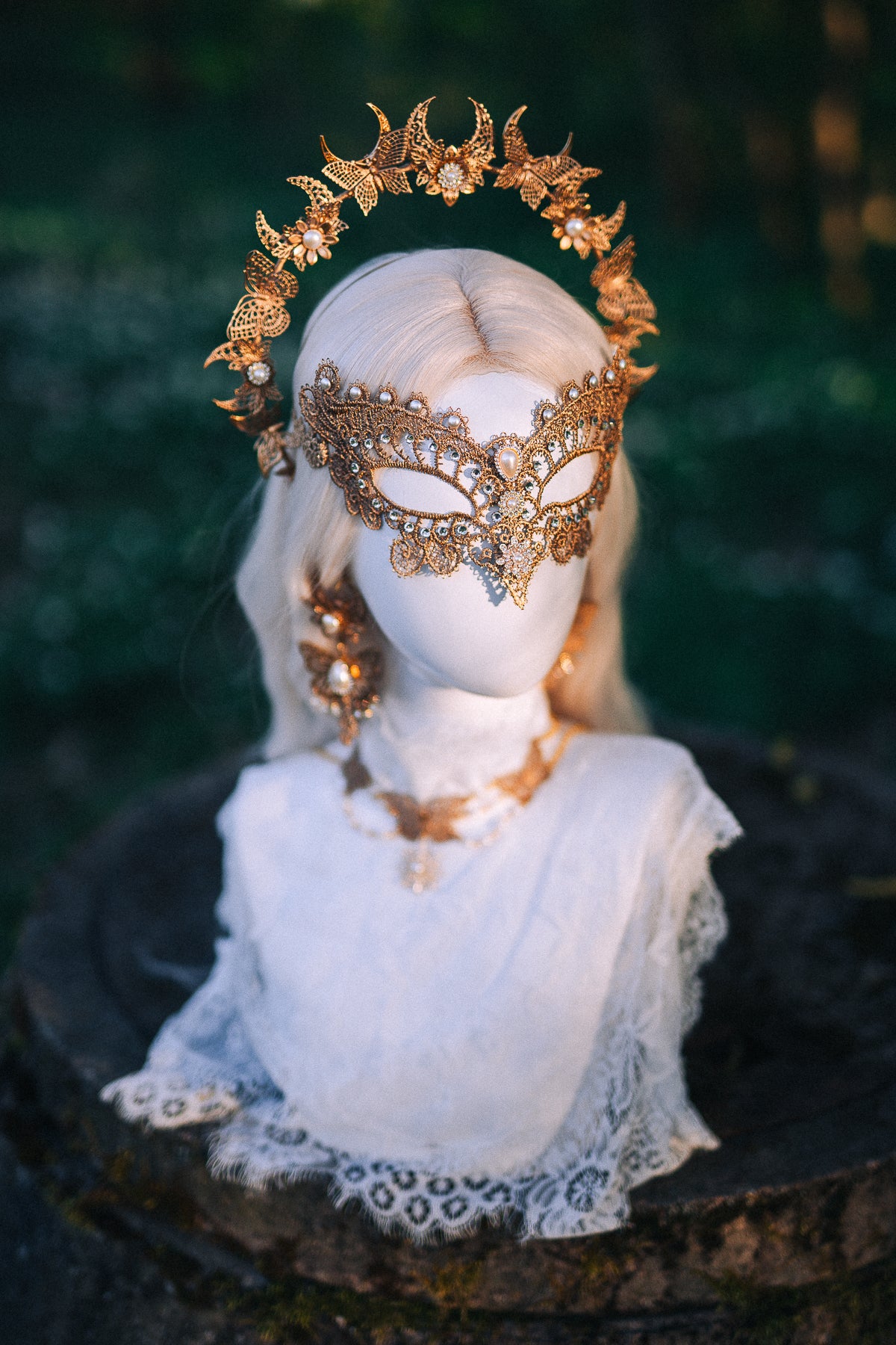 Bridal Halo Crown Gold Pearl Wedding Headpiece
