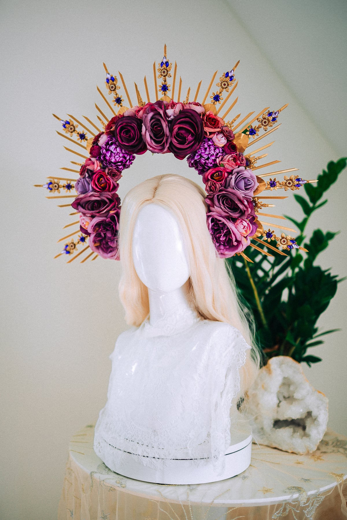 Floral Goddess Halo Crown With Pink Roses Gold Spikes
