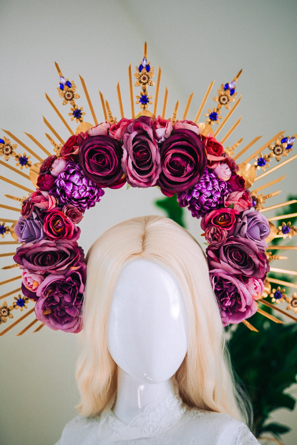 Floral Goddess Halo Crown With Pink Roses Gold Spikes