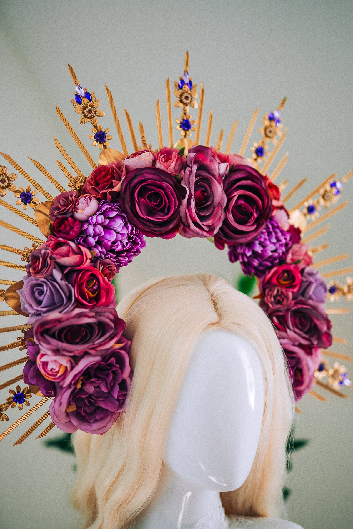 Floral Goddess Halo Crown With Pink Roses Gold Spikes