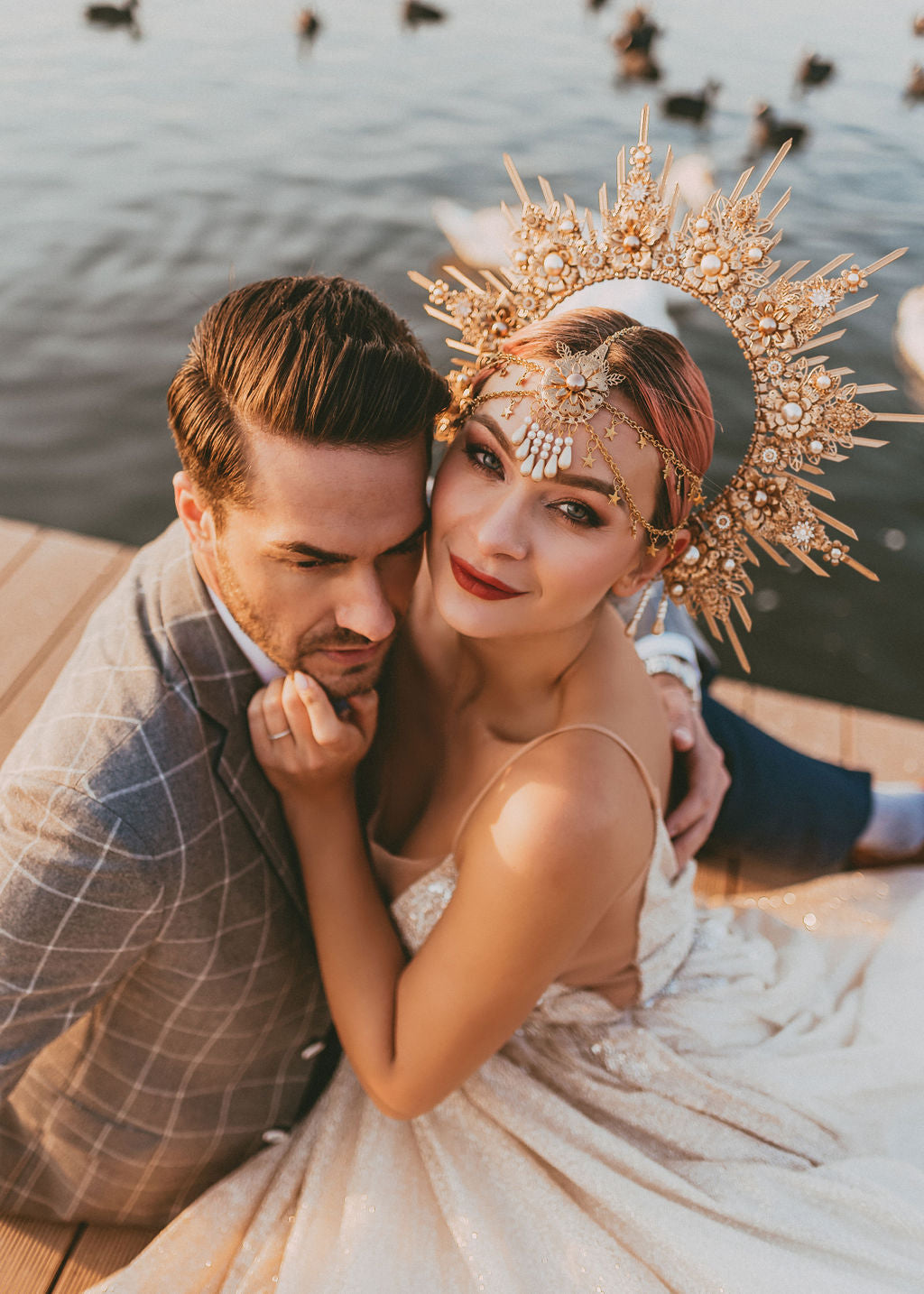 Celestial Bridal Halo Crown Gold Goddess Wedding Luxury Photoshoot Maternity Crown