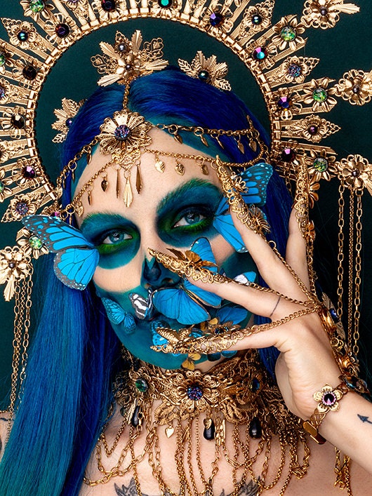 La Catrina Halo Crown, Gold, Blue, Butterfly, Festival, Carnival, Day of the Dead, Dia de los Muertos, Statement Headdress, Mexican Style