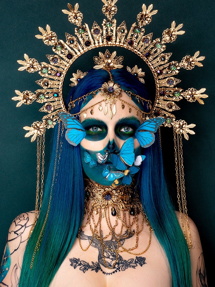 La Catrina Halo Crown, Gold, Blue, Butterfly, Festival, Carnival, Day of the Dead, Dia de los Muertos, Statement Headdress, Mexican Style