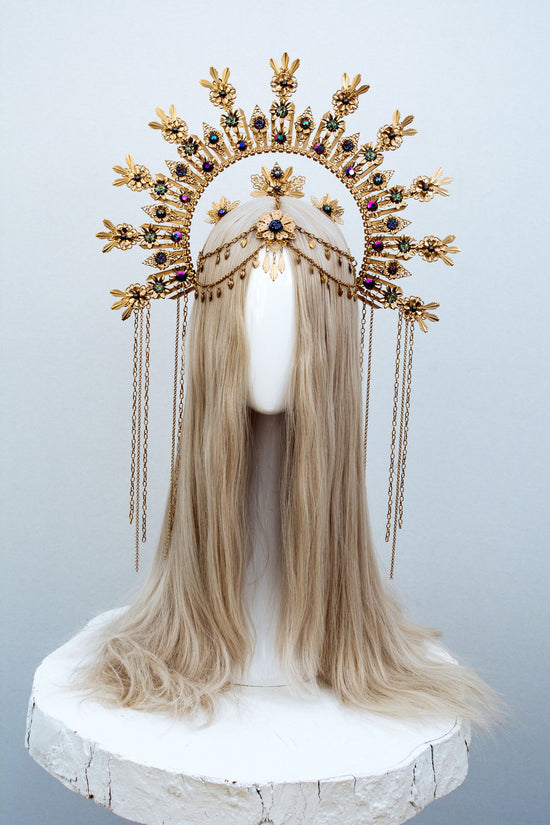 La Catrina Halo Crown, Gold, Blue, Butterfly, Festival, Carnival, Day of the Dead, Dia de los Muertos, Statement Headdress, Mexican Style