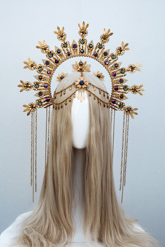 La Catrina Halo Crown, Gold, Blue, Butterfly, Festival, Carnival, Day of the Dead, Dia de los Muertos, Statement Headdress, Mexican Style