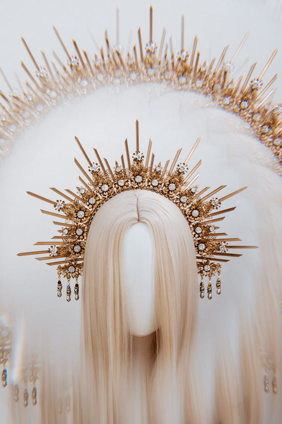 Celestial Halo Crown, Gold Bridal Headpiece, Goddess Crown, Luxury Festival Halo, Wedding Sun Crown, Sacred Sunburst Tiara,Fantasy Headpiece