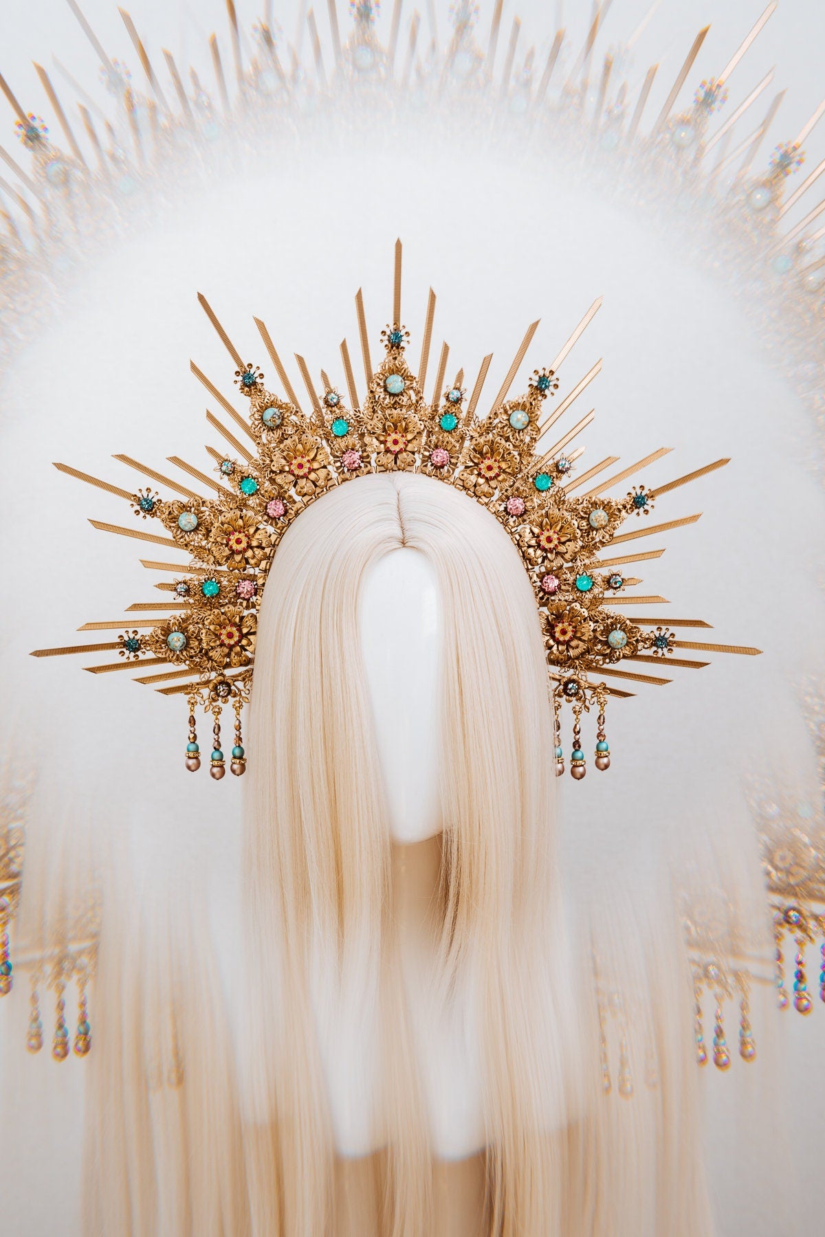 Golden Sunburst, Celestial Halo, Goddess Crown, Turquoise Gold Crown, Ethereal Headdress, Festival Headpiece, Bridal Crown, Regal Gold Tiara