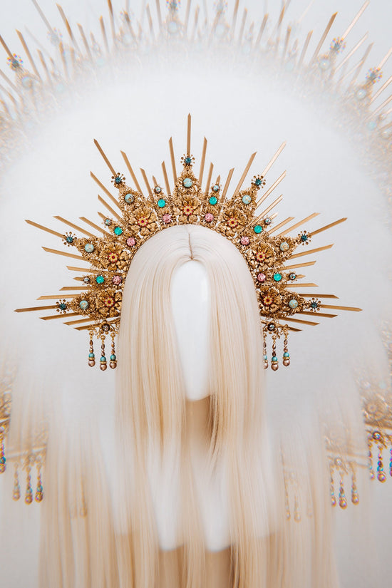 Golden Sunburst, Celestial Halo, Goddess Crown, Turquoise Gold Crown, Ethereal Headdress, Festival Headpiece, Bridal Crown, Regal Gold Tiara