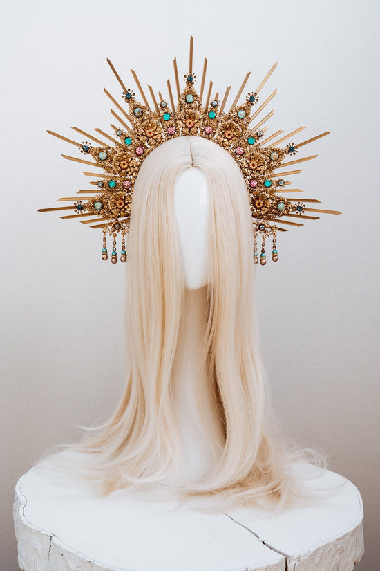 Golden Sunburst, Celestial Halo, Goddess Crown, Turquoise Gold Crown, Ethereal Headdress, Festival Headpiece, Bridal Crown, Regal Gold Tiara