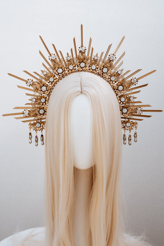 Celestial Halo Crown, Gold Bridal Headpiece, Goddess Crown, Luxury Festival Halo, Wedding Sun Crown, Sacred Sunburst Tiara,Fantasy Headpiece