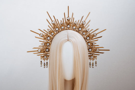 Celestial Halo Crown, Gold Bridal Headpiece, Goddess Crown, Luxury Festival Halo, Wedding Sun Crown, Sacred Sunburst Tiara,Fantasy Headpiece