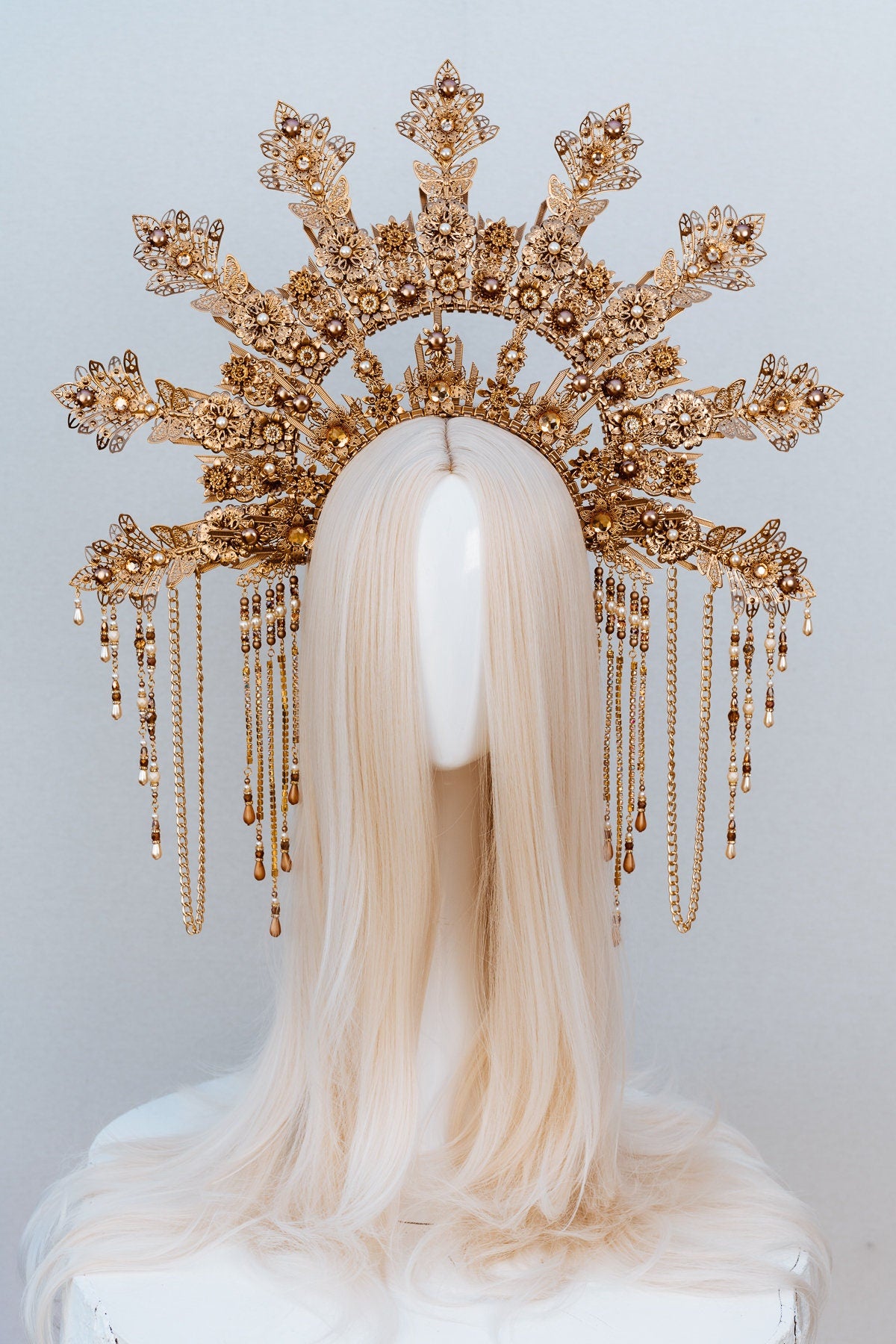 Golden Flower Halo Crown, Pearl Headpiece, Festival Tiara, Handmade Wedding Crown, Boho Goddess Accessories, Celestial Statement Headband