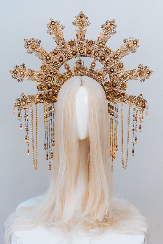 Golden Flower Halo Crown, Pearl Headpiece, Festival Tiara, Handmade Wedding Crown, Boho Goddess Accessories, Celestial Statement Headband