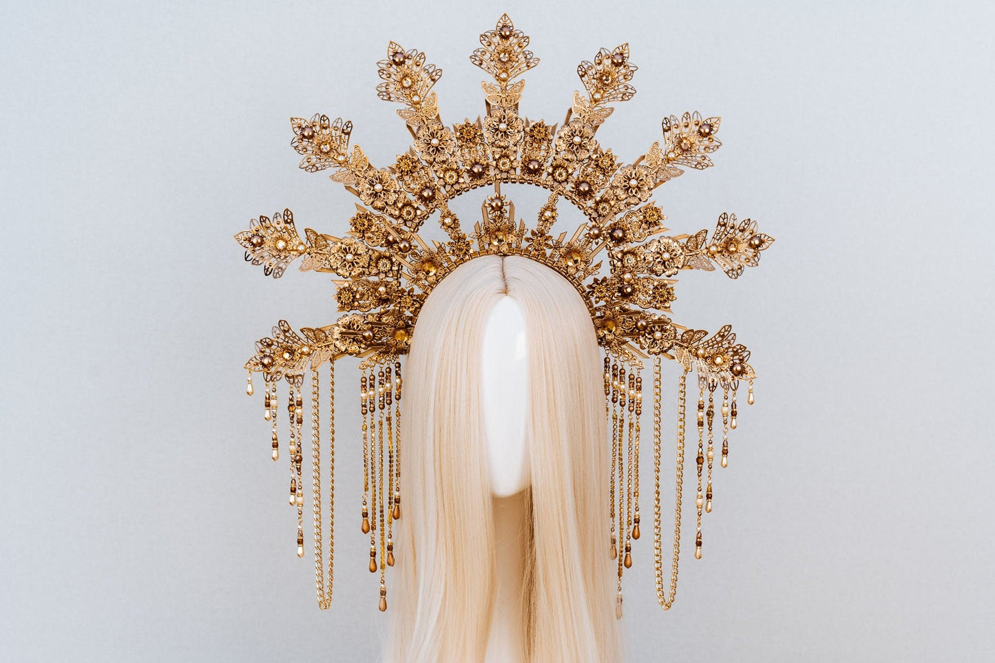 Golden Flower Halo Crown, Pearl Headpiece, Festival Tiara, Handmade Wedding Crown, Boho Goddess Accessories, Celestial Statement Headband