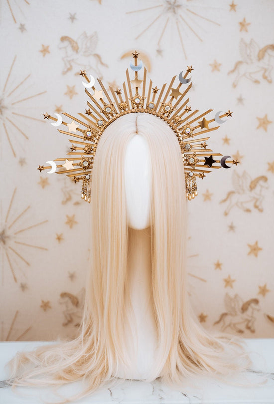 Sun Moon child Halo, Halo, Halo Crown, Halo Headpiece, Halo Headband, Halo Headlights, Crown, Gold Halo, Headpiece, Wedding Crown,Boho Stars