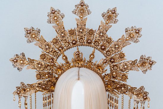 Golden Flower Halo Crown, Pearl Headpiece, Festival Tiara, Handmade Wedding Crown, Boho Goddess Accessories, Celestial Statement Headband