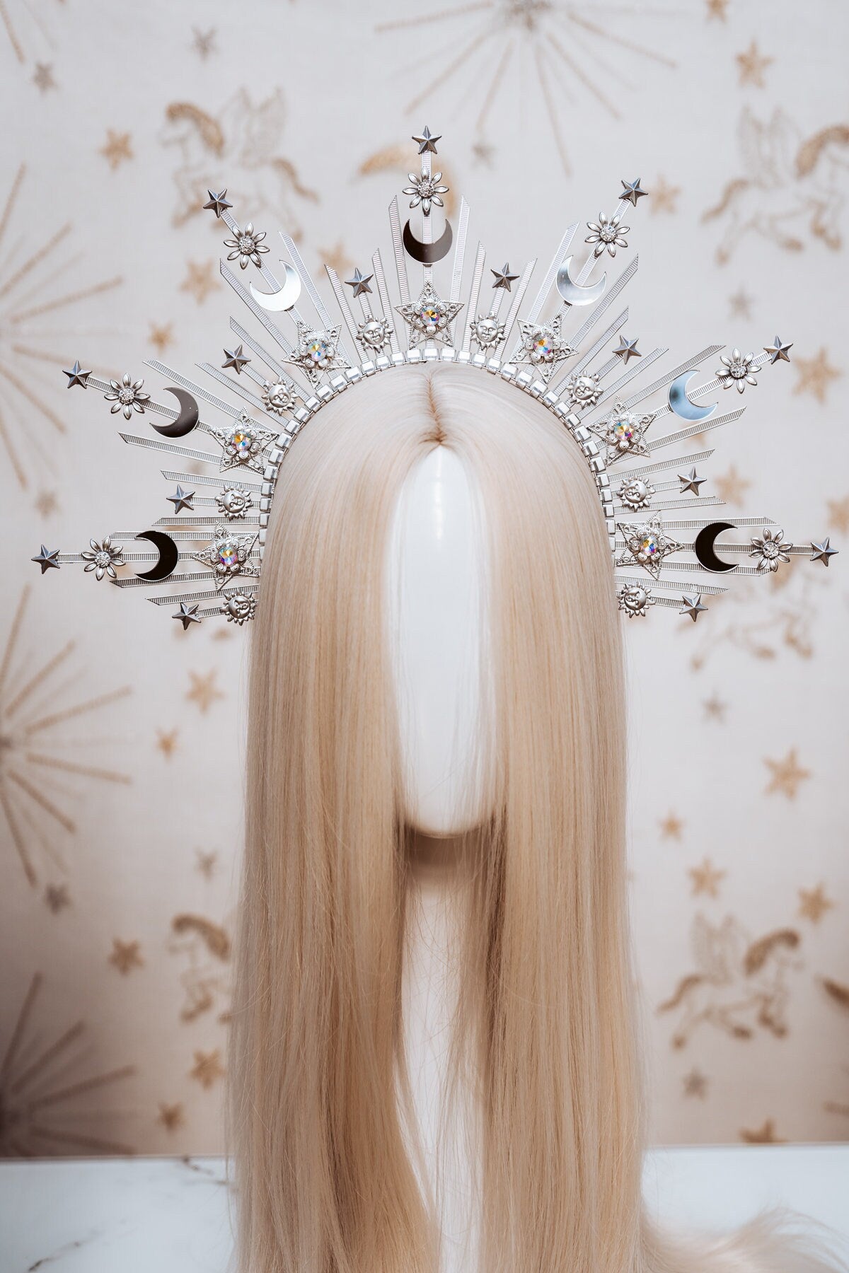 Silver Sun crown, Moon child Halo, Halo Crown, Halo Headpiece, Halo Headband, Silver Halo, Headpiece, Wedding Crown, Boho Stars