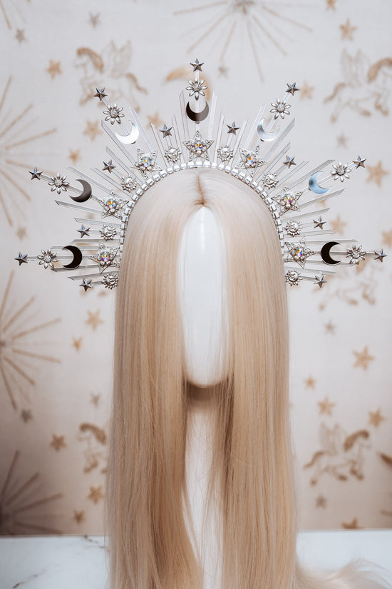 Silver Sun crown, Moon child Halo, Halo Crown, Halo Headpiece, Halo Headband, Silver Halo, Headpiece, Wedding Crown, Boho Stars