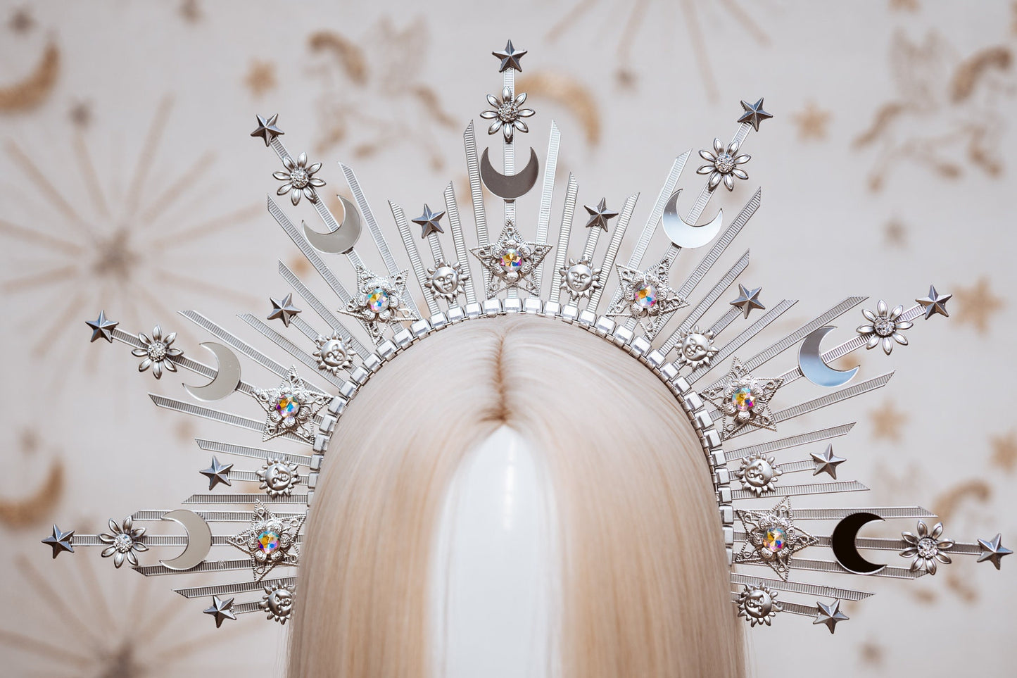 Silver Sun crown, Moon child Halo, Halo Crown, Halo Headpiece, Halo Headband, Silver Halo, Headpiece, Wedding Crown, Boho Stars