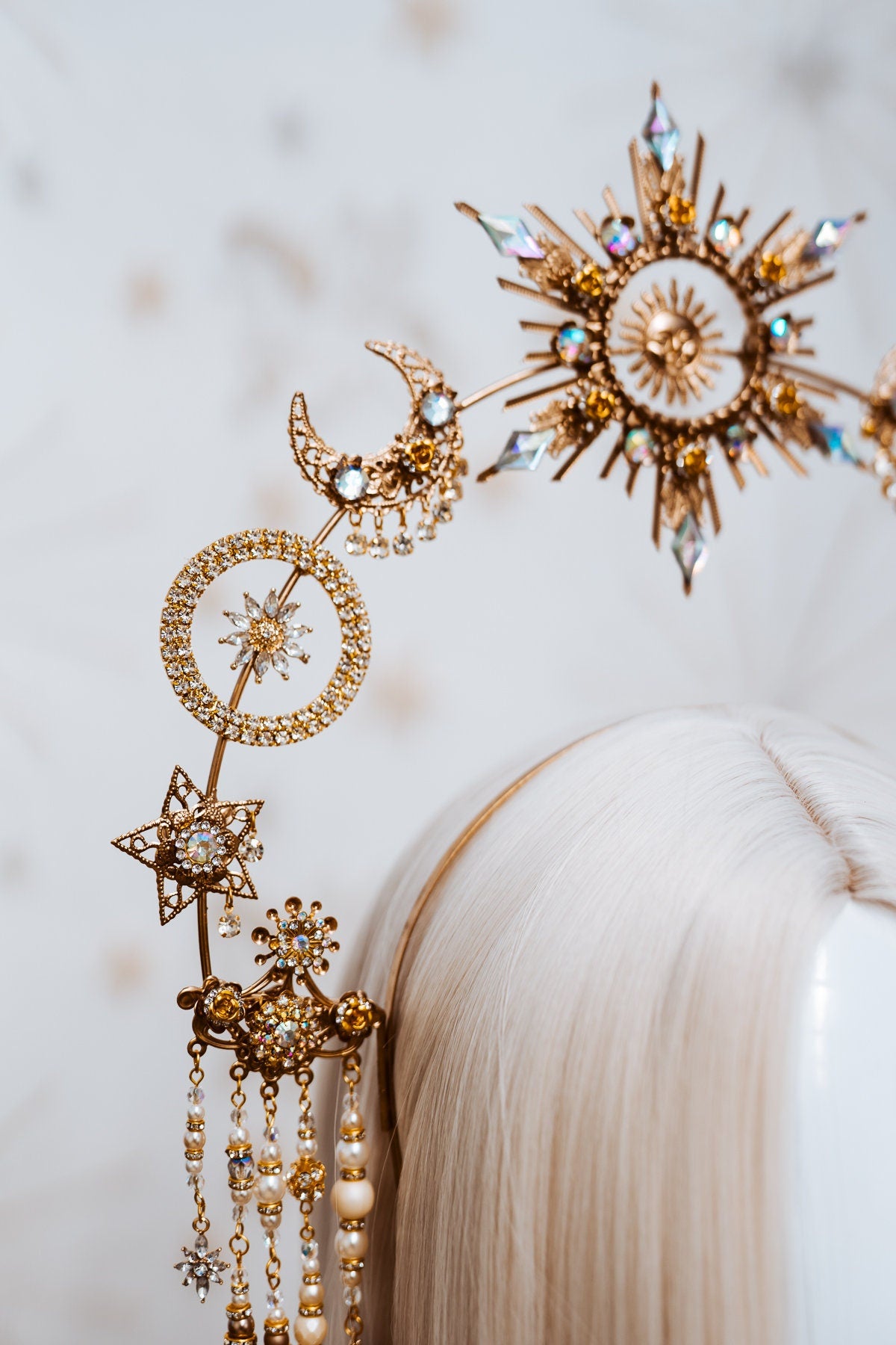 Celestial Halo Crown, Sun Moon Star Headpiece, Goddess Festival Tiara, Gold Boho Crown, Bridal Halo, Maternity Photoshoot,Handmade Accessory