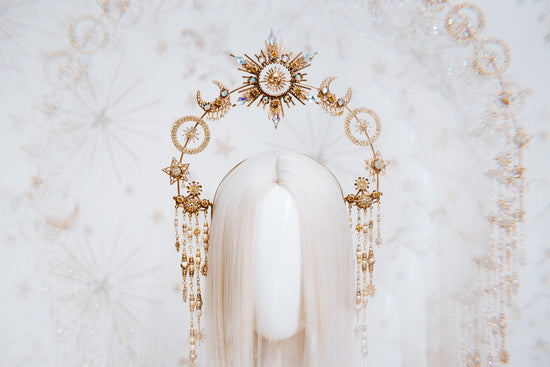 Celestial Halo Crown, Sun Moon Star Headpiece, Goddess Festival Tiara, Gold Boho Crown, Bridal Halo, Maternity Photoshoot,Handmade Accessory
