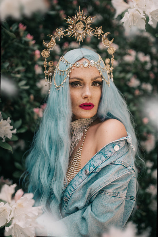 Celestial Halo Crown, Gold Goddess Headpiece, Sun Moon Star Tiara, Boho Wedding Crown, Festival Accessory, Maternity Photoshoot, Handmade