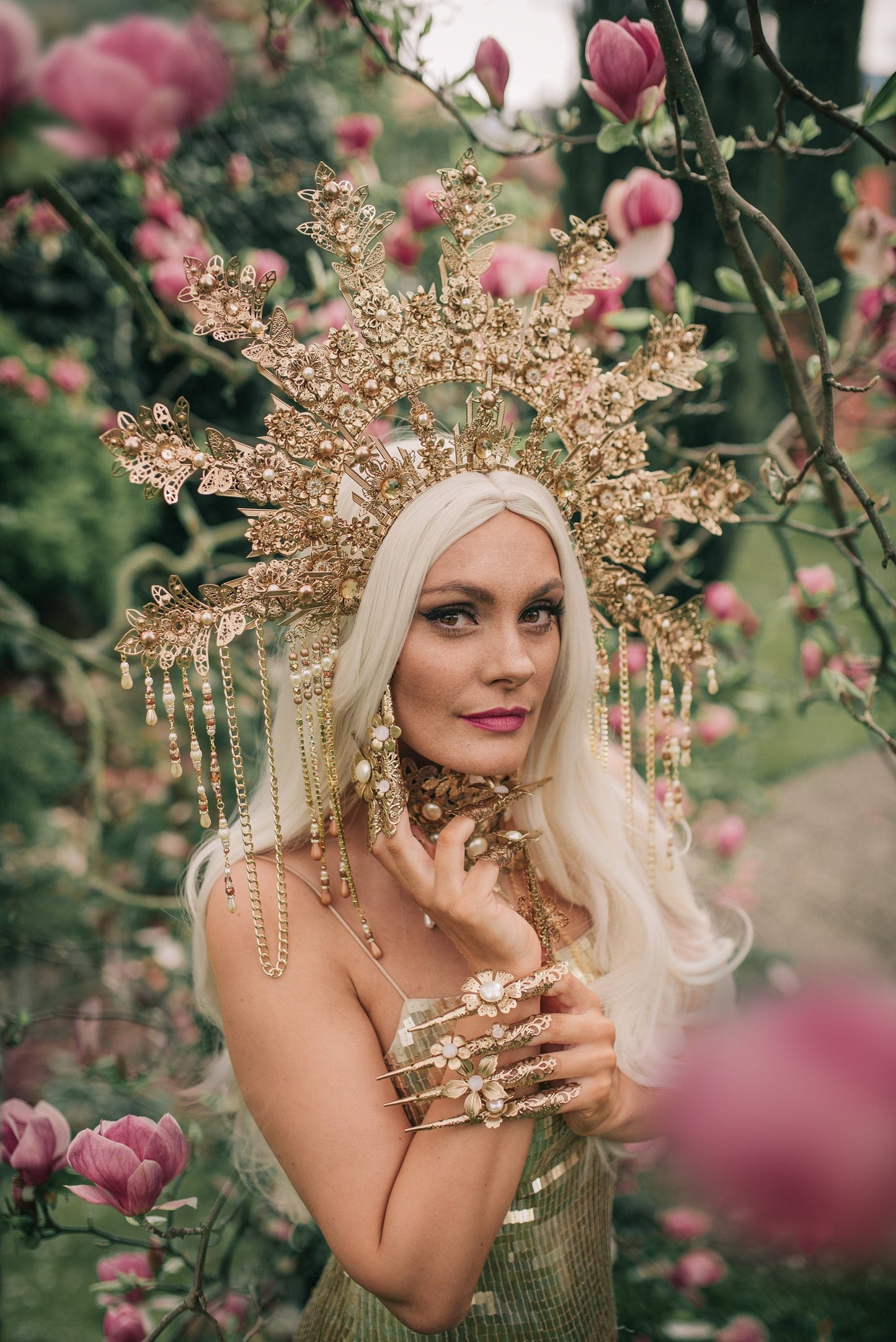 Golden Flower Halo Crown, Pearl Headpiece, Festival Tiara, Handmade Wedding Crown, Boho Goddess Accessories, Celestial Statement Headband