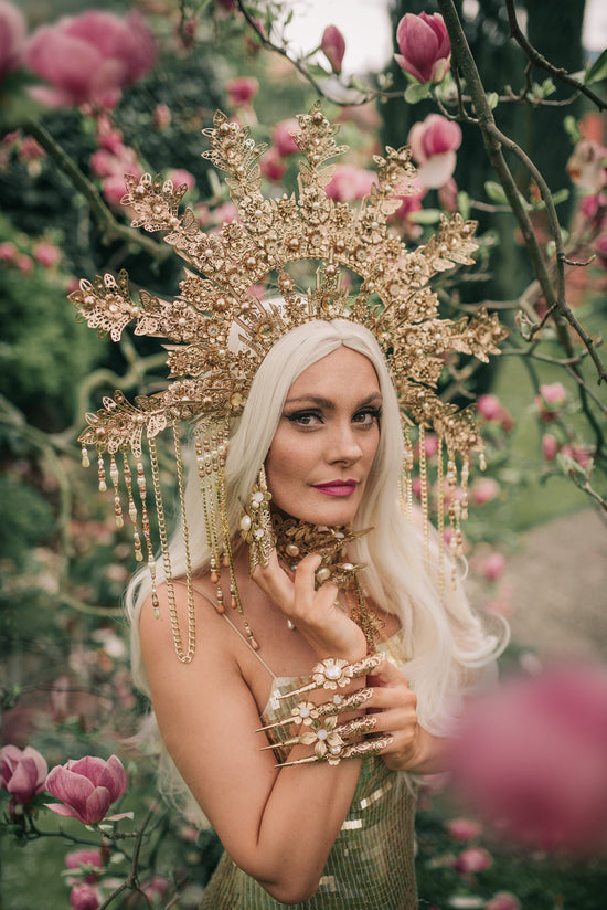 Golden Flower Halo Crown, Pearl Headpiece, Festival Tiara, Handmade Wedding Crown, Boho Goddess Accessories, Celestial Statement Headband