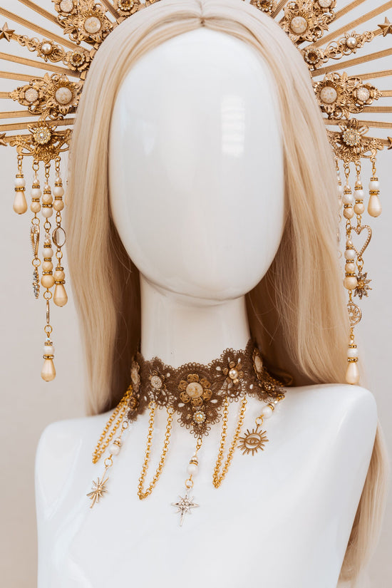 Lace Choker necklace, Gold Choker necklace, Chain Choker necklace, Glamour Choker, Party, Handmade necklace, Body Decoration Photo Props