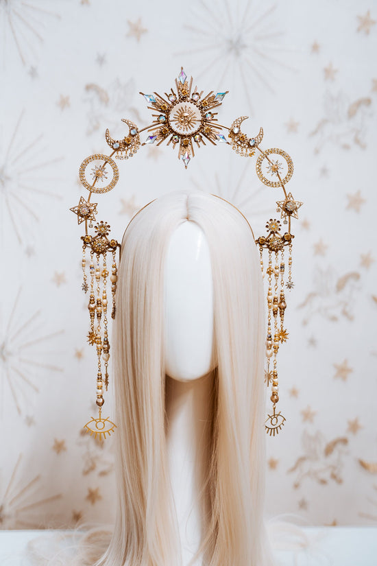 Celestial Halo Crown, Sun Moon Star Headpiece, Goddess Festival Tiara, Gold Boho Crown, Bridal Halo, Maternity Photoshoot,Handmade Accessory