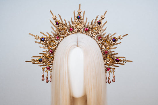 Gold Halo Crown, Celestial Goddess Headpiece, Regal Festival Tiara, Luxury Bridal Halo, Maternity Photoshoot, Statement Baroque Crown