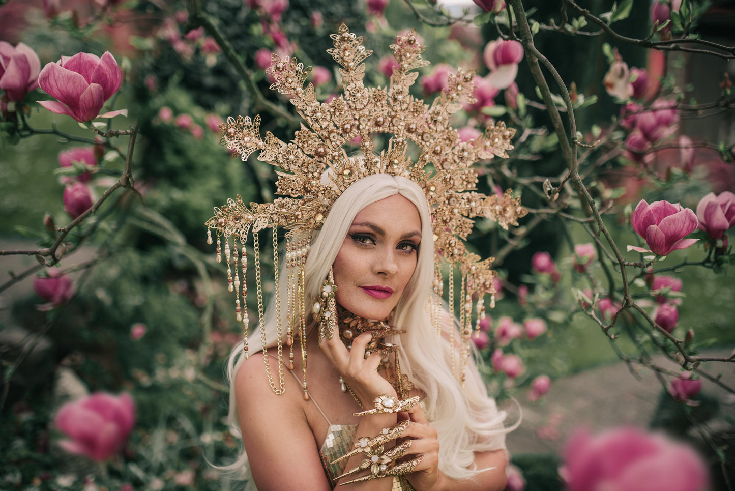 Golden Flower Halo Crown, Pearl Headpiece, Festival Tiara, Handmade Wedding Crown, Boho Goddess Accessories, Celestial Statement Headband