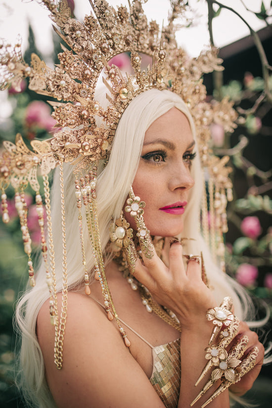 Golden Flower Halo Crown, Pearl Headpiece, Festival Tiara, Handmade Wedding Crown, Boho Goddess Accessories, Celestial Statement Headband