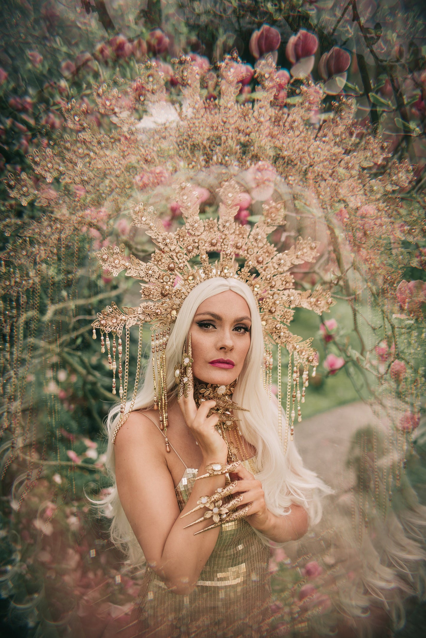 Golden Flower Halo Crown, Pearl Headpiece, Festival Tiara, Handmade Wedding Crown, Boho Goddess Accessories, Celestial Statement Headband